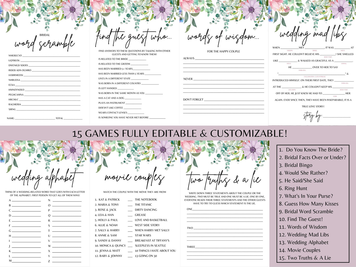 Purple Floral Bridal Shower Bundle Fully Editable Customizable Bridal Shower Templates Instant Download Easy To Use