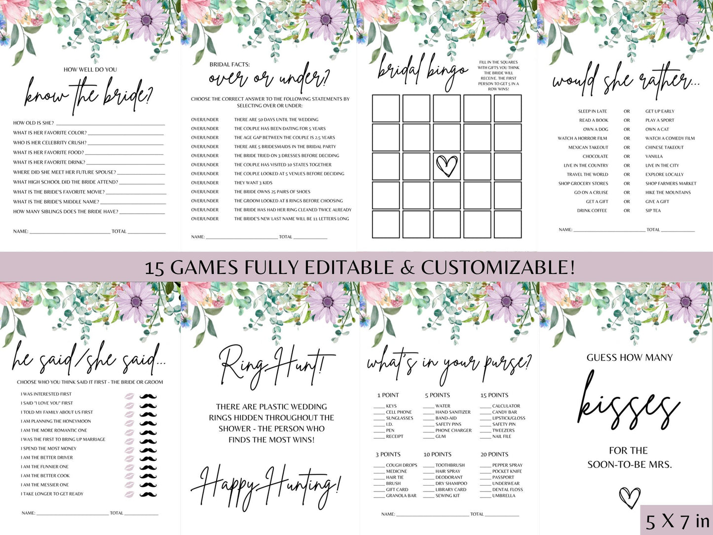 Purple Floral Bridal Shower Bundle Fully Editable Customizable Bridal Shower Templates Instant Download Easy To Use
