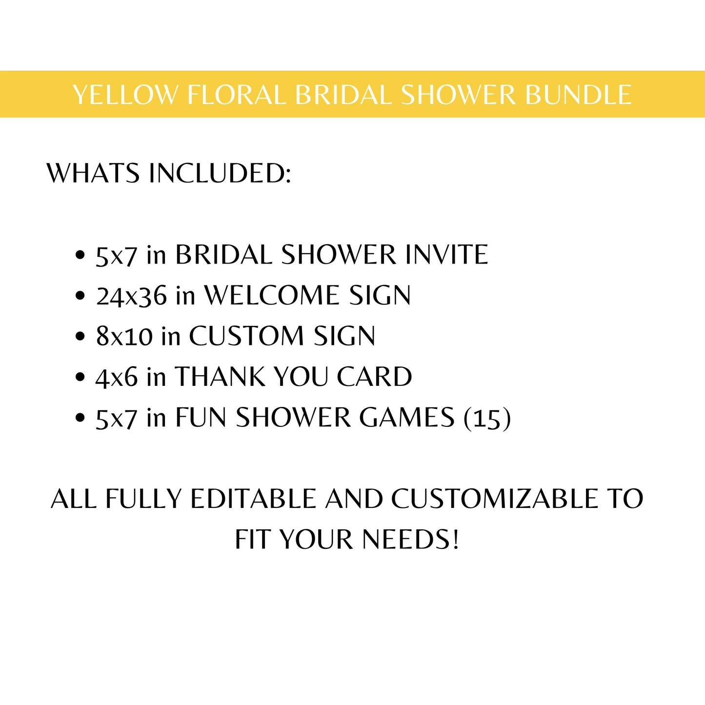 Yellow Floral Bridal Shower Bundle Fully Editable Customizable Bridal Shower Templates Instant Download Easy To Use