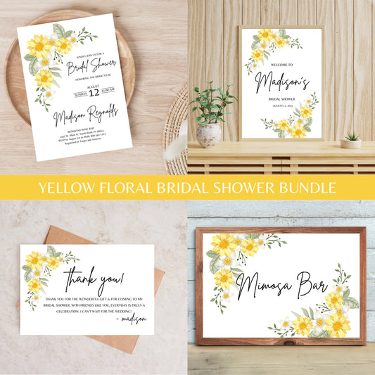 Yellow Floral Bridal Shower Bundle Fully Editable Customizable Bridal Shower Templates Instant Download Easy To Use