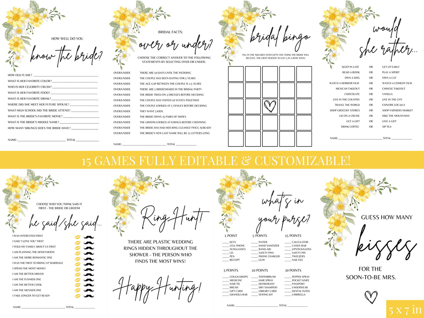 Yellow Floral Bridal Shower Bundle Fully Editable Customizable Bridal Shower Templates Instant Download Easy To Use