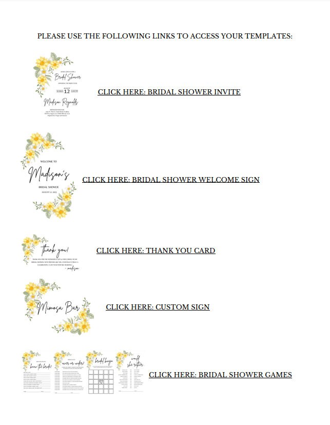 Yellow Floral Bridal Shower Bundle Fully Editable Customizable Bridal Shower Templates Instant Download Easy To Use