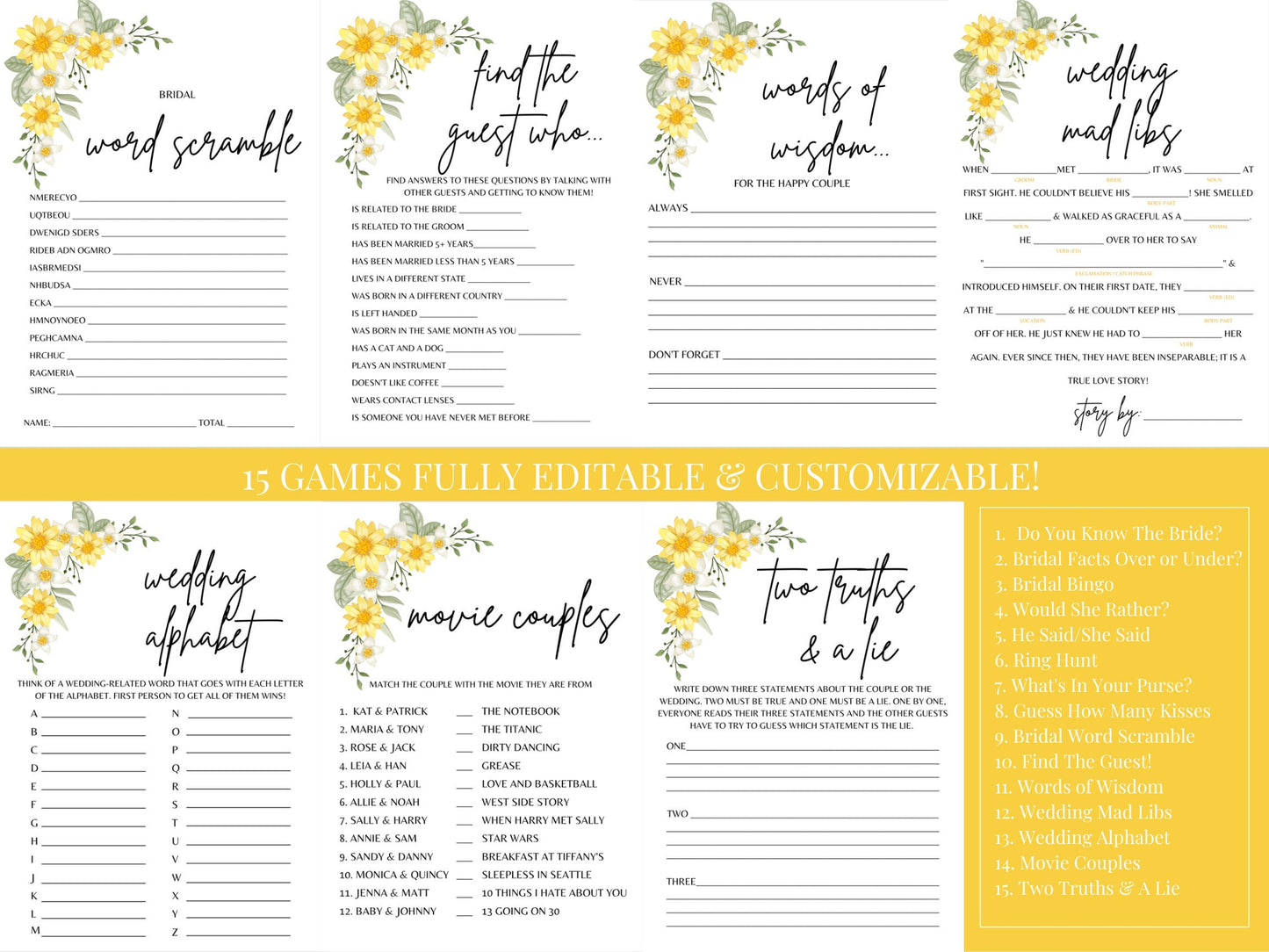 Yellow Floral Bridal Shower Bundle Fully Editable Customizable Bridal Shower Templates Instant Download Easy To Use