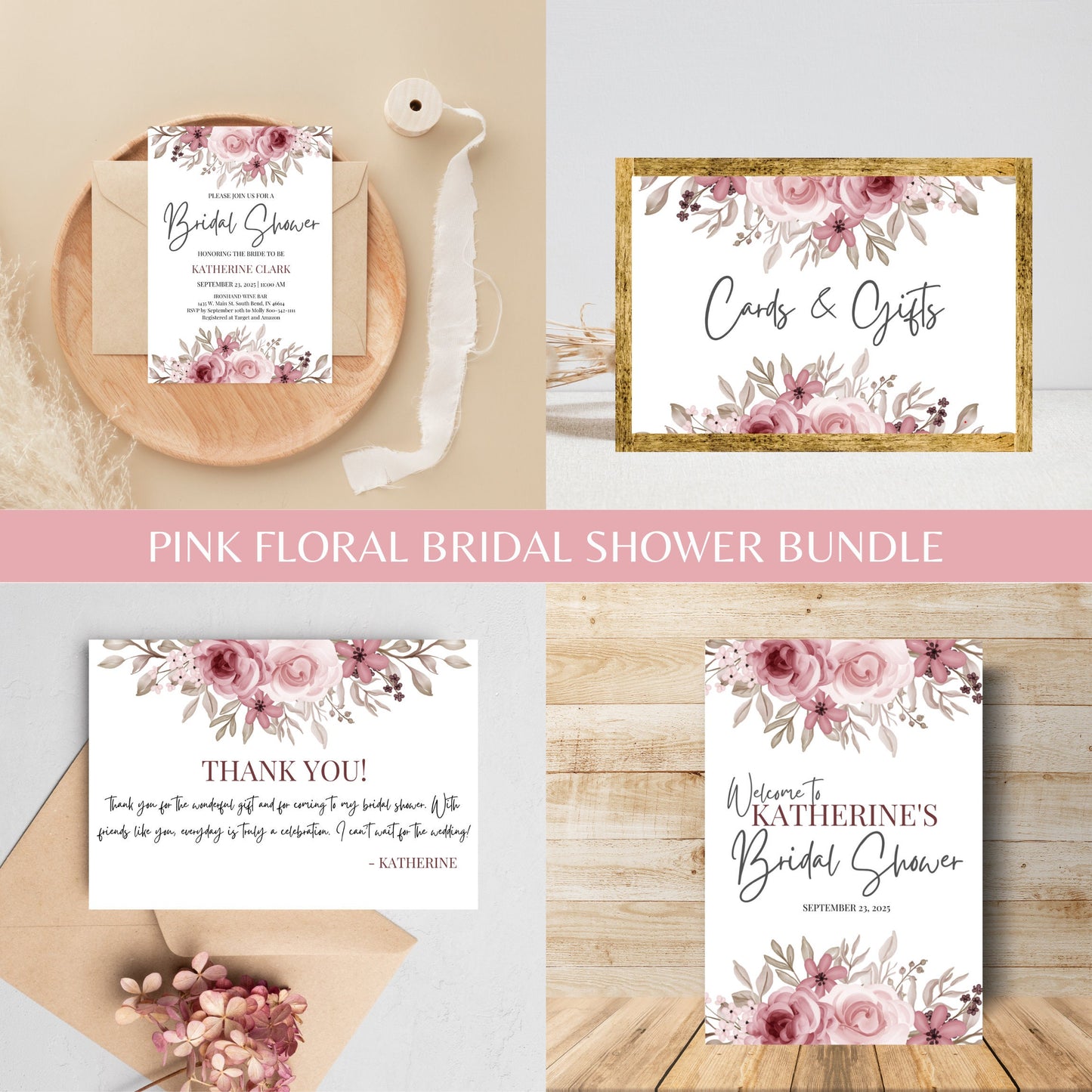 Pink Floral Bridal Shower Bundle Fully Editable Customizable Bridal Shower Templates Instant Download Easy To Use