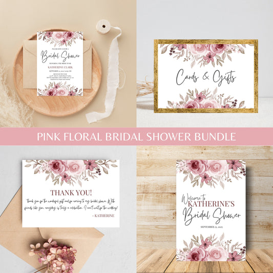 Pink Floral Bridal Shower Bundle Fully Editable Customizable Bridal Shower Templates Instant Download Easy To Use