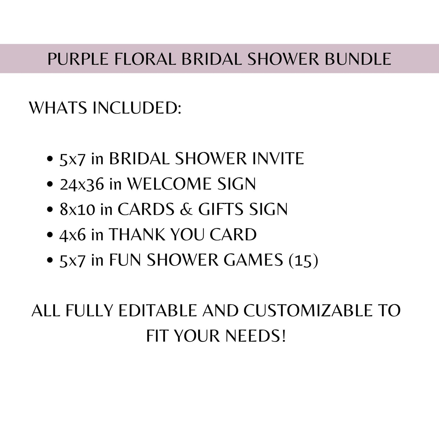 Purple Floral Bridal Shower Bundle Fully Editable Customizable Bridal Shower Templates Instant Download Easy To Use