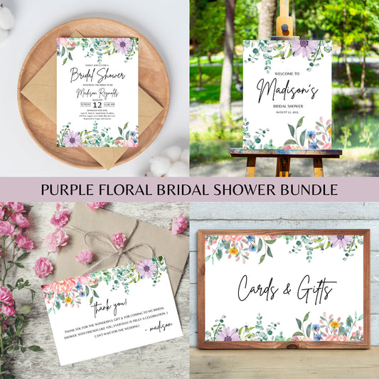 Purple Floral Bridal Shower Bundle Fully Editable Customizable Bridal Shower Templates Instant Download Easy To Use