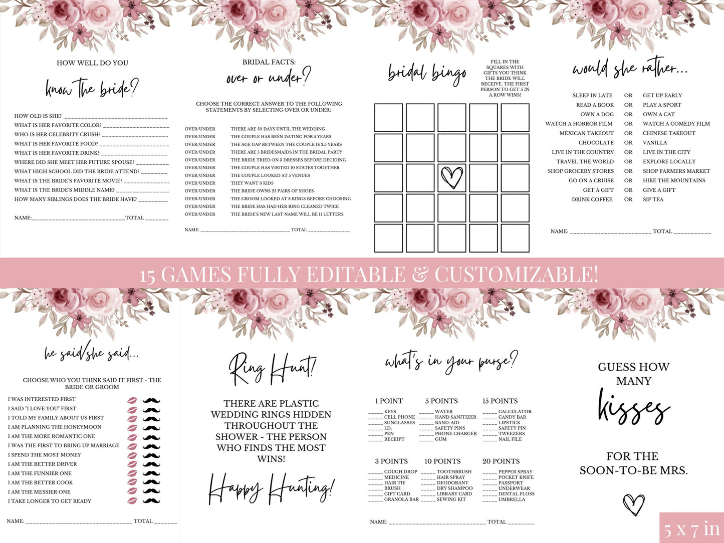 Pink Floral Bridal Shower Bundle Fully Editable Customizable Bridal Shower Templates Instant Download Easy To Use