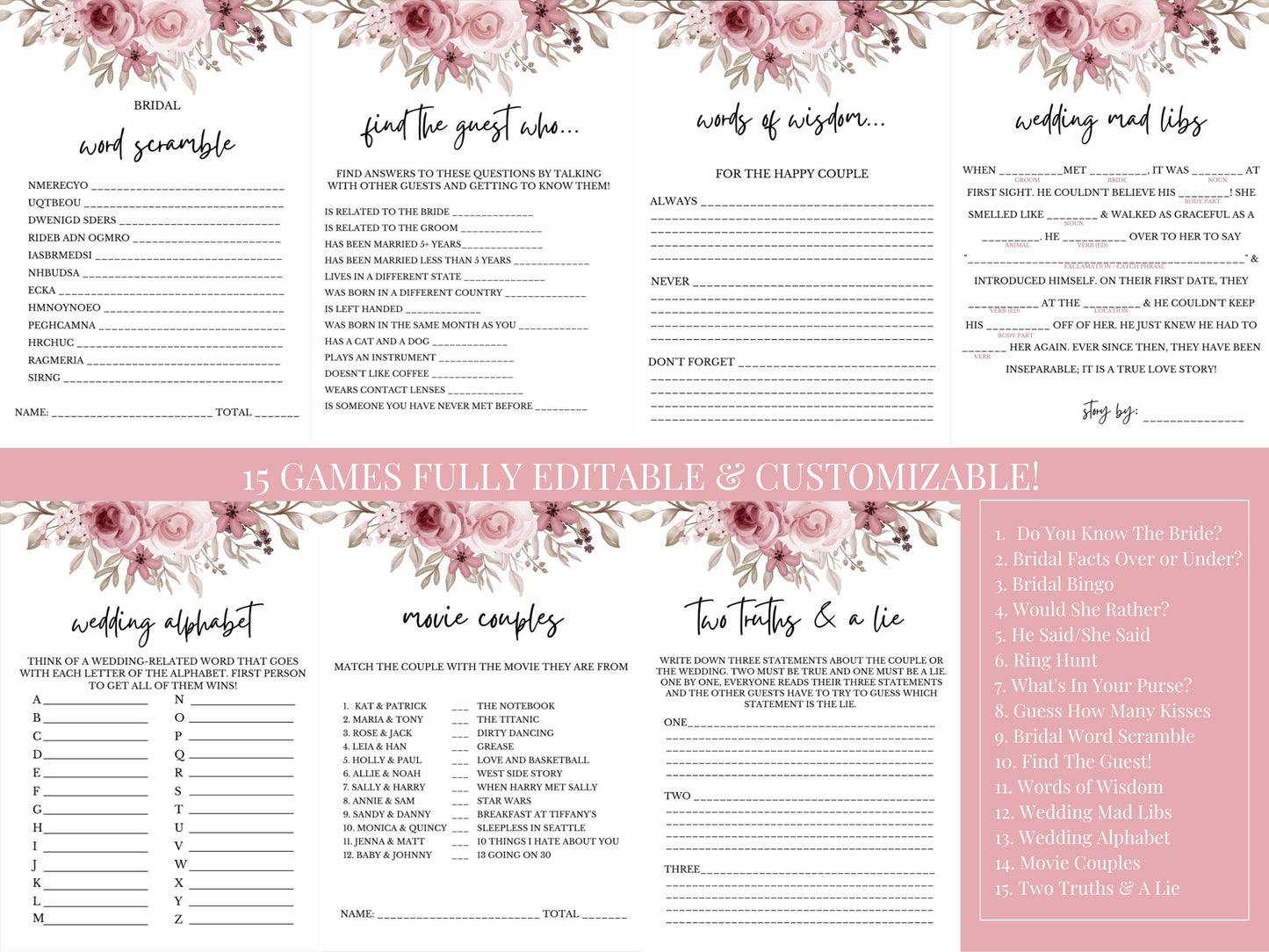 Pink Floral Bridal Shower Bundle Fully Editable Customizable Bridal Shower Templates Instant Download Easy To Use