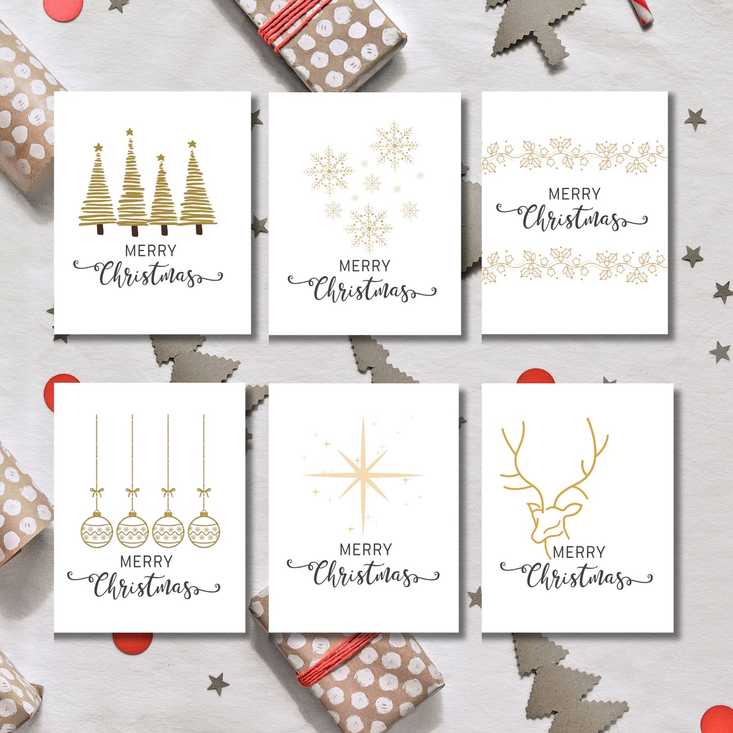 White and Gold Merry Christmas Variety A2 Card Pack Comes With Envelopes Pack of 6